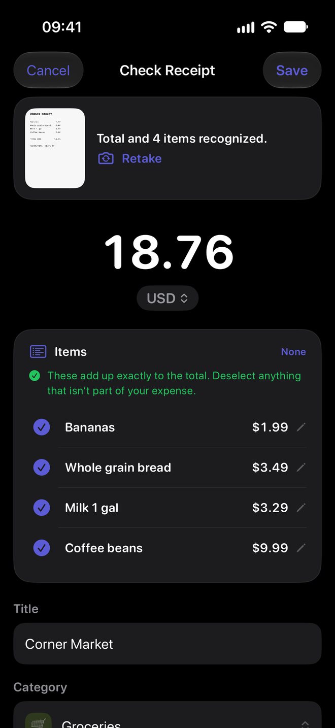 Check Receipt: a $18.76 receipt is recognized, the four items add up exactly to the total, and Groceries is suggested as the category.