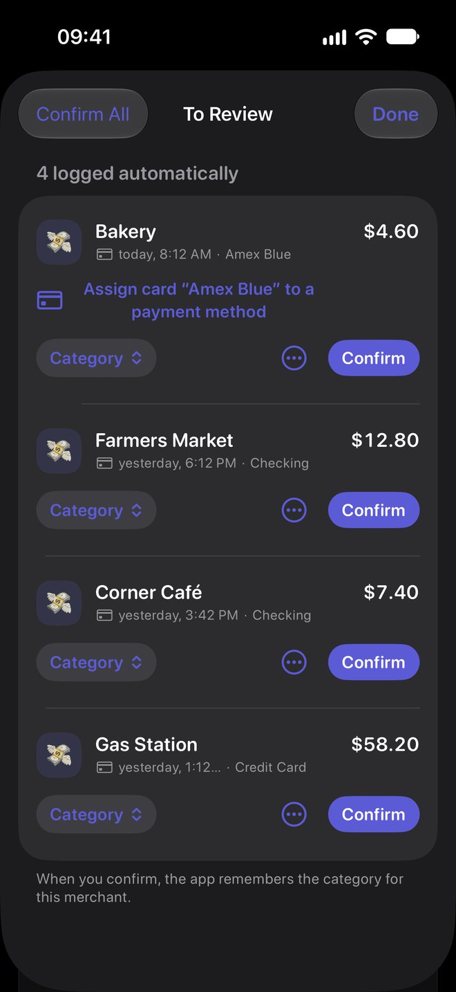 To Review: four Apple Pay payments – Bakery, Farmers Market, Corner Café and Gas Station – waiting to be confirmed with a tap.
