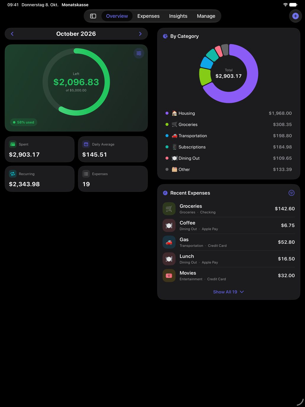 My Budget on iPad in two columns: the budget ring and key figures on the left, the breakdown by category and the latest expenses on the right.